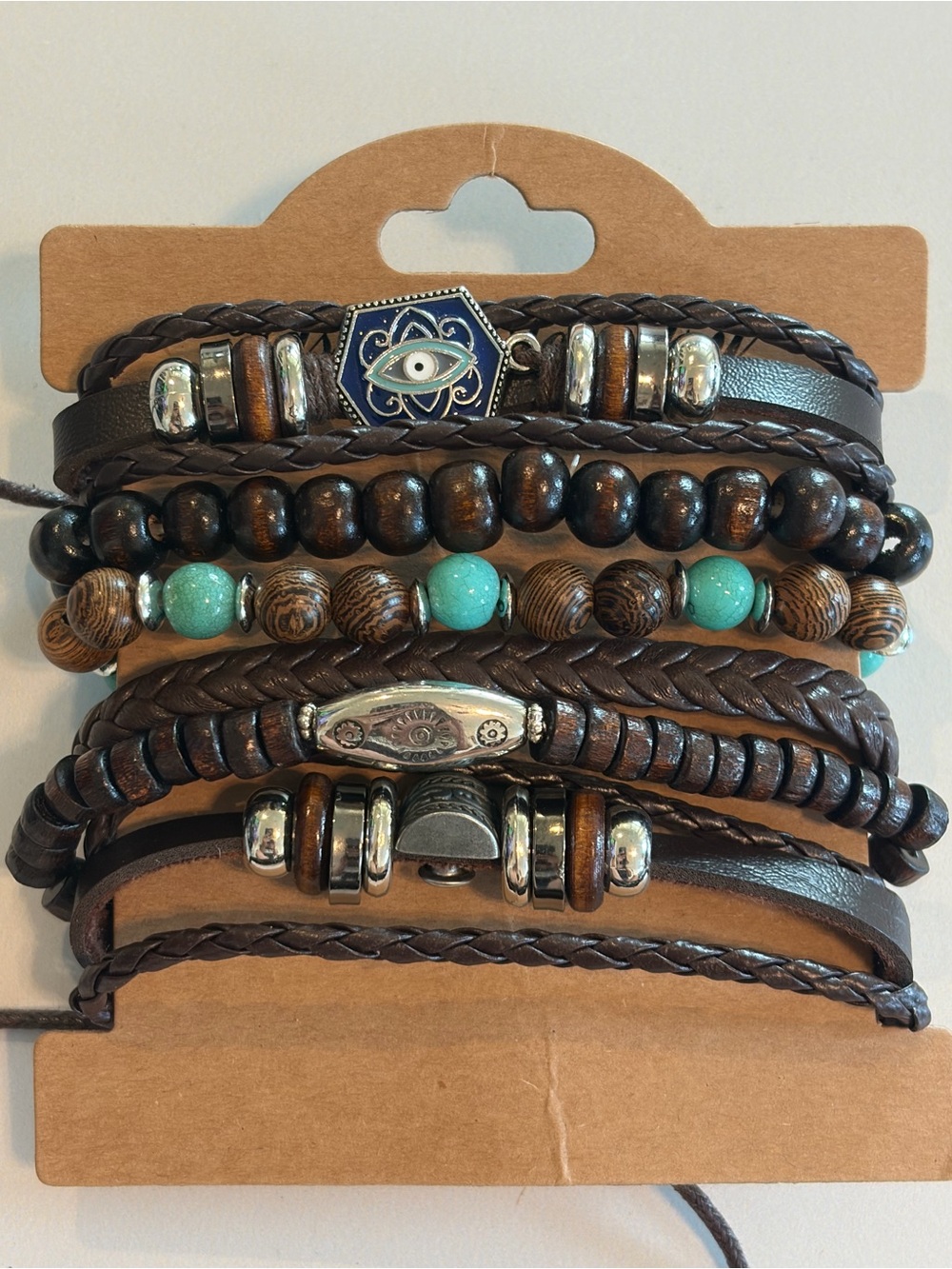 6 Pcs Leather Turquoise Boho Bracelet Stack Turkish Evil Eye